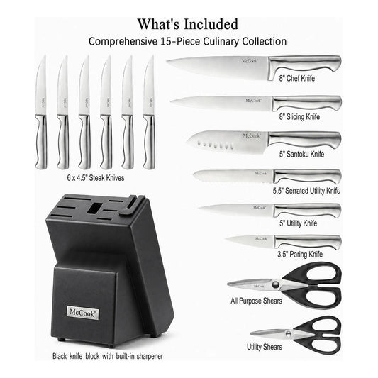 Juego De Cuchillos De Acero Inoxidable 15 Piezas Afilador In Plata/negro