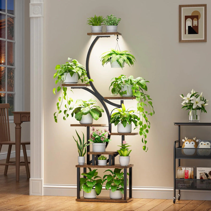Soporte Para Plantas De Interior Con Luces De Cultivo 8 Nive Marrón Rústico + Negro