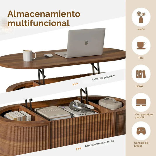 Mesa De Centro Ovalada Elevable Con Almacenamiento Nogal Mod Marrón
