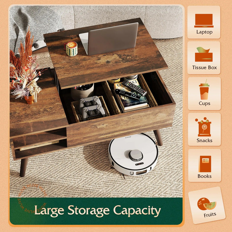 Mesa De Centro Elevable Moderna Con Almacenamiento Marrón Marrón Retro