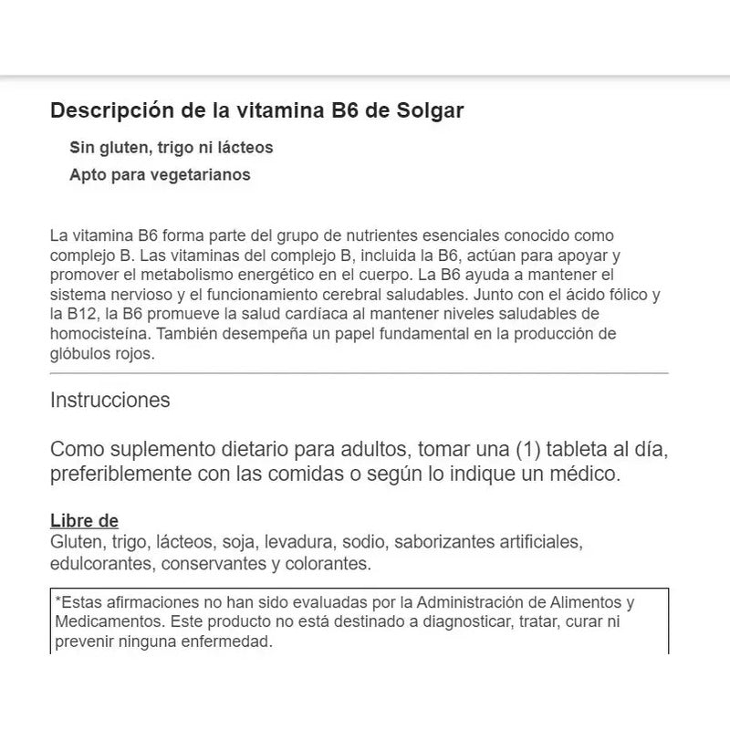 Vitamina B6 100 Mg 100 Tableta Sin Sabor