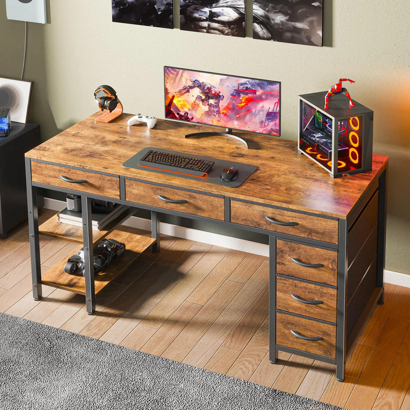 Escritorio De Oficina 120 Cm Con 6 Cajones Marrón Rústico Marron Rustico