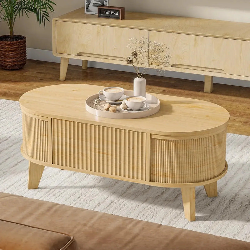 Mesa De Centro Elevable Con Almacenamiento Acanalada Marrón Claro