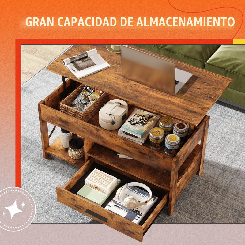 Mesa De Centro Elevable 99 Cm Marrón Rústico Con Almacenamie Marron Rustico
