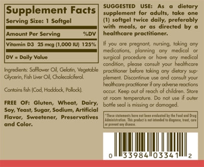 Solgar Vitamina D3 Cholecalciferol 25 mcg 250 Capsulas