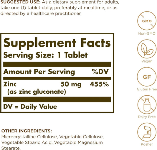 Zinc Salud Inmune 50 Mg 100 Tabletas Solgar