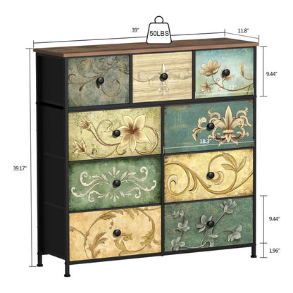 Cómoda Con 9 Cajones De Tela Patrón Floral Para Dormitorio Marrón