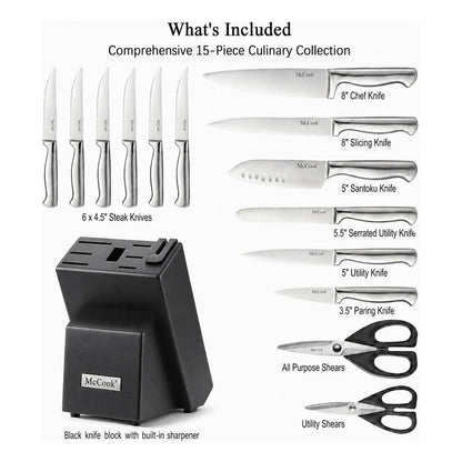 Juego De Cuchillos De Acero Inoxidable 15 Piezas Afilador In Plata/negro