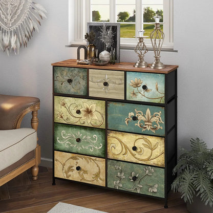 Cómoda Con 9 Cajones De Tela Patrón Floral Para Dormitorio Marrón