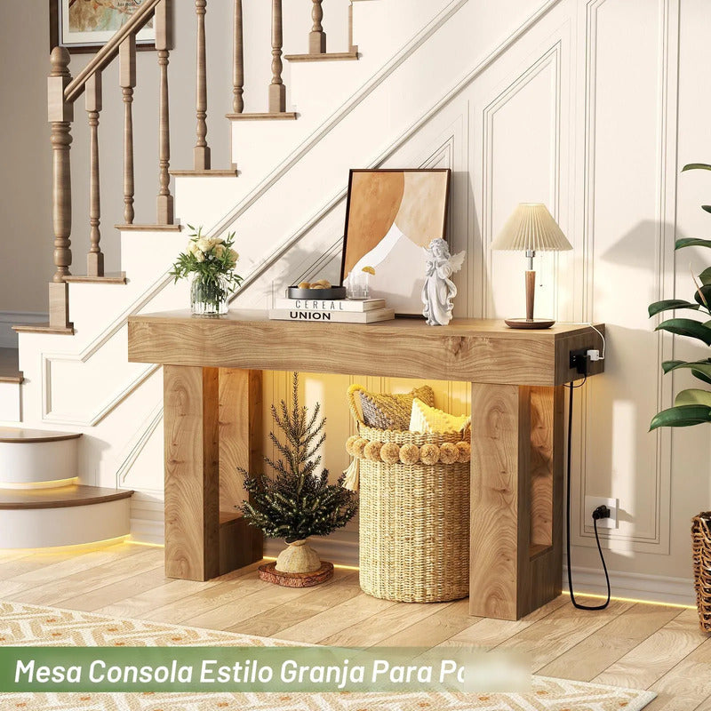 Mesa De Entrada De Roble Natural Con Enchufe Y Luz Sensor 12 Roble Natural