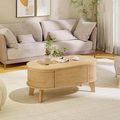 Mesa De Centro Elevable Con Almacenamiento Acanalada Marrón Claro