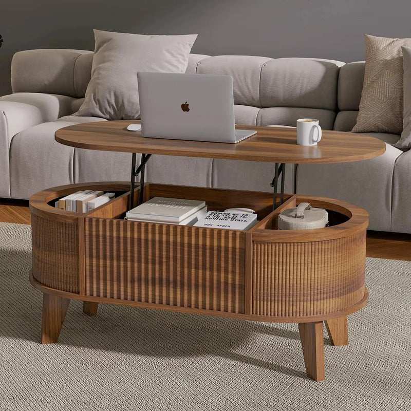 Mesa De Centro Ovalada Elevable Con Almacenamiento Nogal Mod Marrón