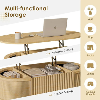 Mesa De Centro Elevable Con Almacenamiento Acanalada Marrón Claro