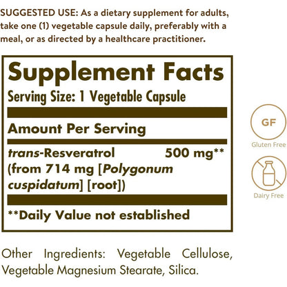 Solgar Resveratrol 500 Mg, 30 Cápsulas Vegetales Envío Rápido Sin Sabor
