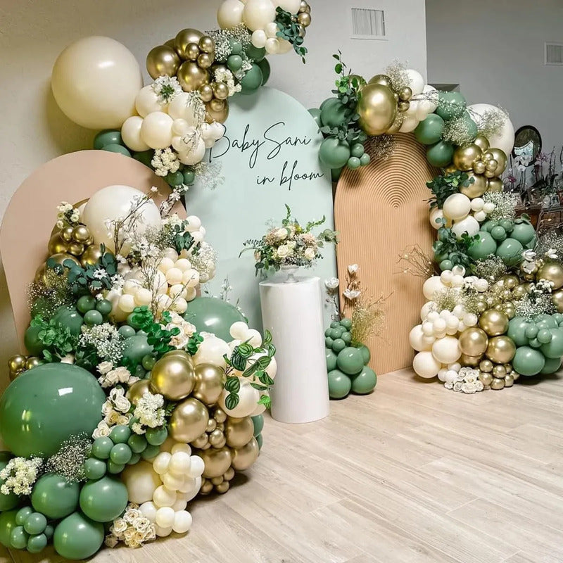 Kit Arco De Globos Verde Blanco Oro 146 Piezas Decoración Fi