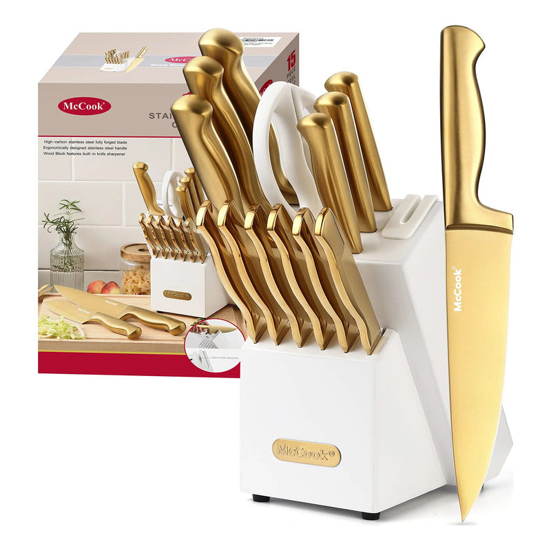 Juego De 15 Cuchillos De Acero Inoxidable Dorado Con Afilado Doradoblanco