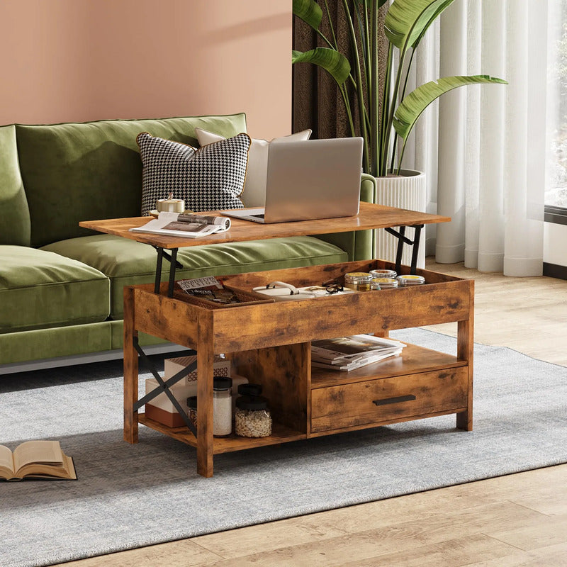 Mesa De Centro Elevable 99 Cm Marrón Rústico Con Almacenamie Marron Rustico