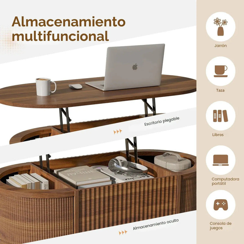 Mesa De Centro Ovalada Elevable Con Almacenamiento Nogal Mod Marrón