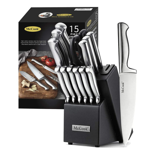 Juego De Cuchillos De Acero Inoxidable 15 Piezas Afilador In Plata/negro