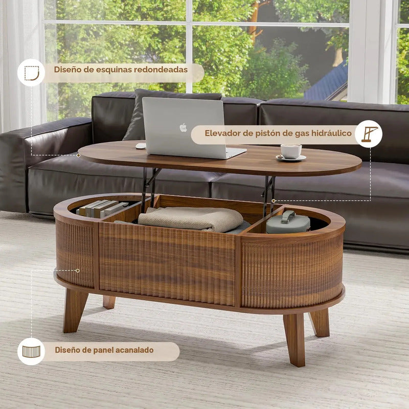 Mesa De Centro Ovalada Elevable Con Almacenamiento Nogal Mod Marrón