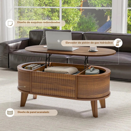 Mesa De Centro Ovalada Elevable Con Almacenamiento Nogal Mod Marrón