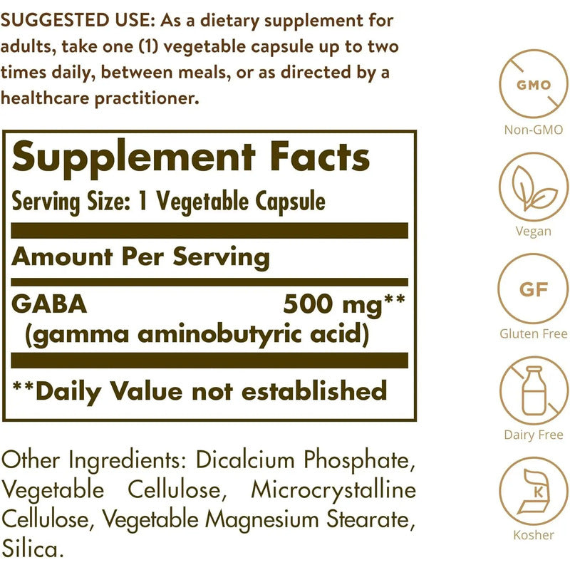 Solgar Gaba 500 Mg 100 Capsulas Sin Sabor