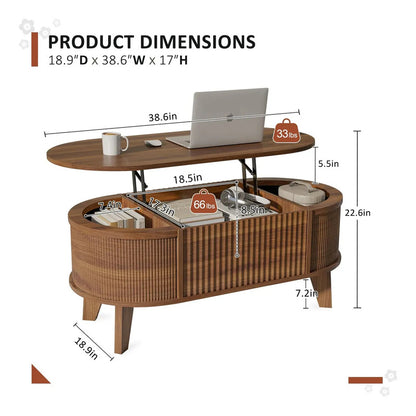 Mesa De Centro Ovalada Elevable Con Almacenamiento Nogal Mod Marrón