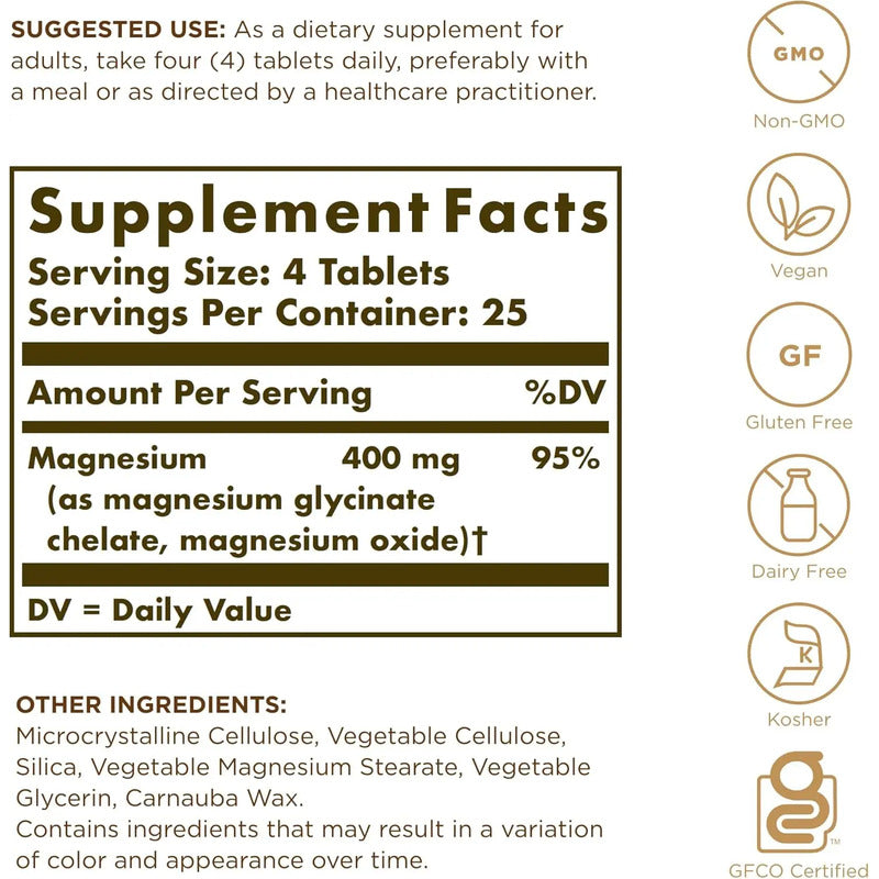 Solgar Magnesio Chelated X100 Tabletas 400 Mg Sin Sabor