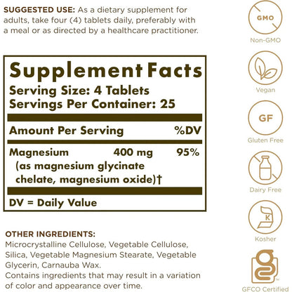 Solgar Magnesio Chelated X100 Tabletas 400 Mg Sin Sabor