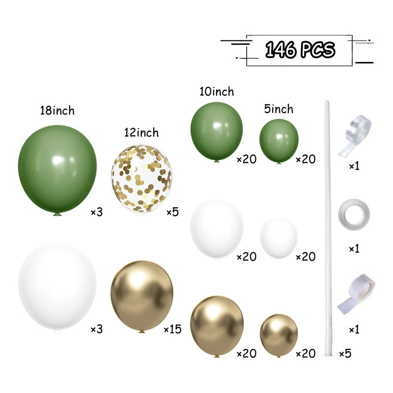 Kit Arco De Globos Verde Blanco Oro 146 Piezas Decoración Fi