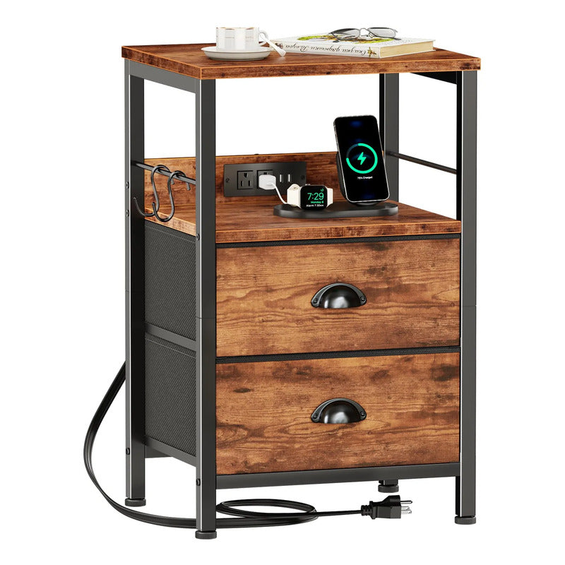 Mesa Auxiliar Con Estación De Carga Y Puertos Usb Marrón Rús Laminado Marron Rustico