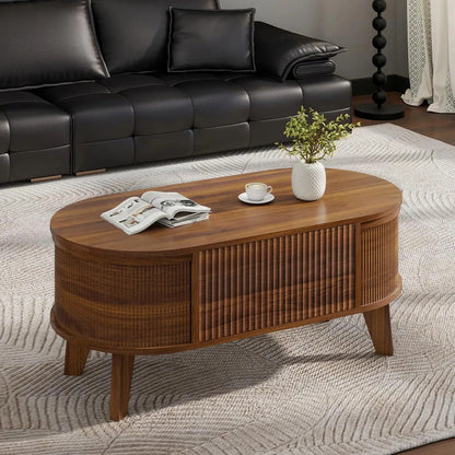 Mesa De Centro Ovalada Elevable Con Almacenamiento Nogal Mod Marrón