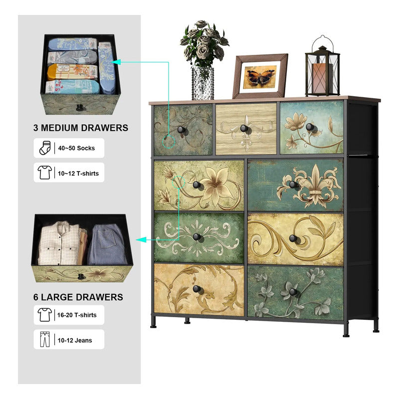 Cómoda Con 9 Cajones De Tela Patrón Floral Para Dormitorio Marrón