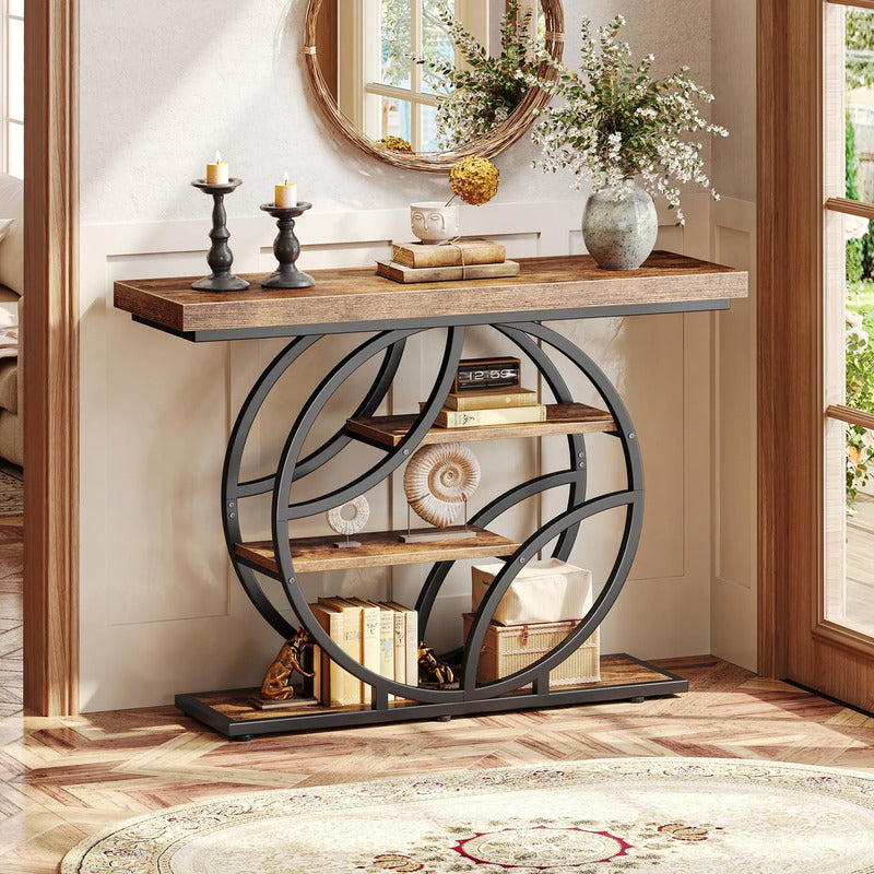 Mesa De Entrada Rústica 105 Cm Con Estantes Y Diseño Moderno Marron Rustico