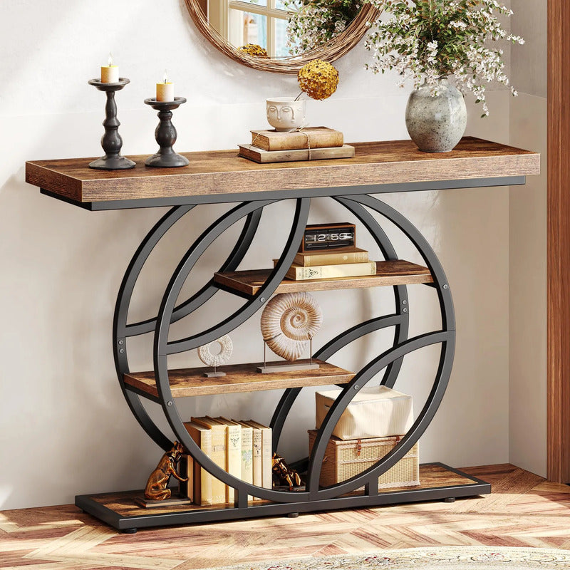 Mesa De Entrada Rústica 105 Cm Con Estantes Y Diseño Moderno Marron Rustico