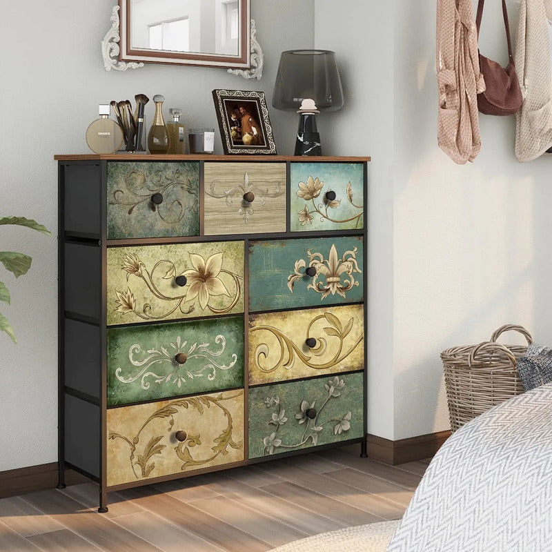 Cómoda Con 9 Cajones De Tela Patrón Floral Para Dormitorio Marrón