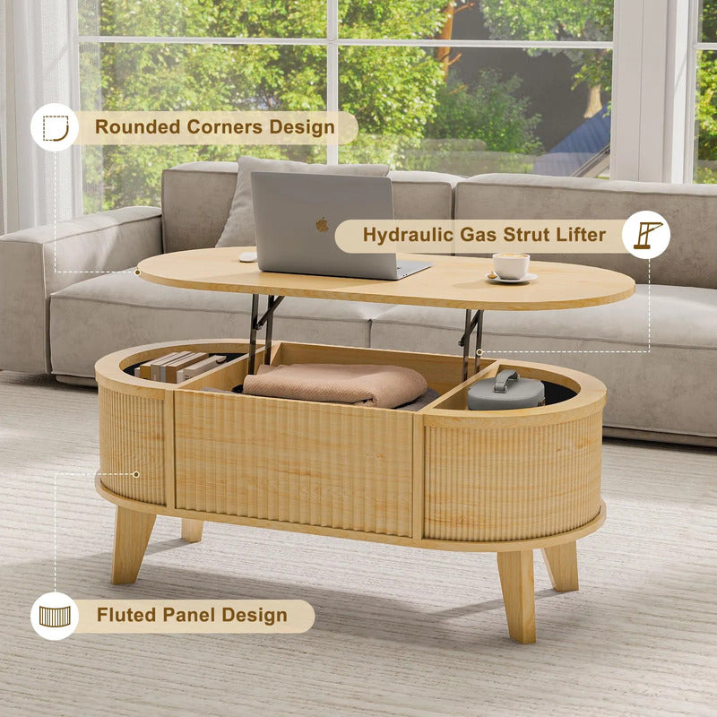 Mesa De Centro Ovalada Moderna Con Tapa Elevable Y Almacenam Natural