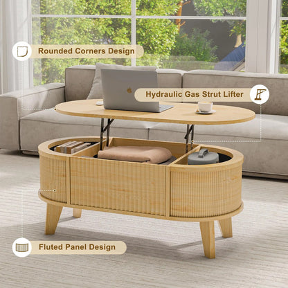 Mesa De Centro Ovalada Moderna Con Tapa Elevable Y Almacenam Natural