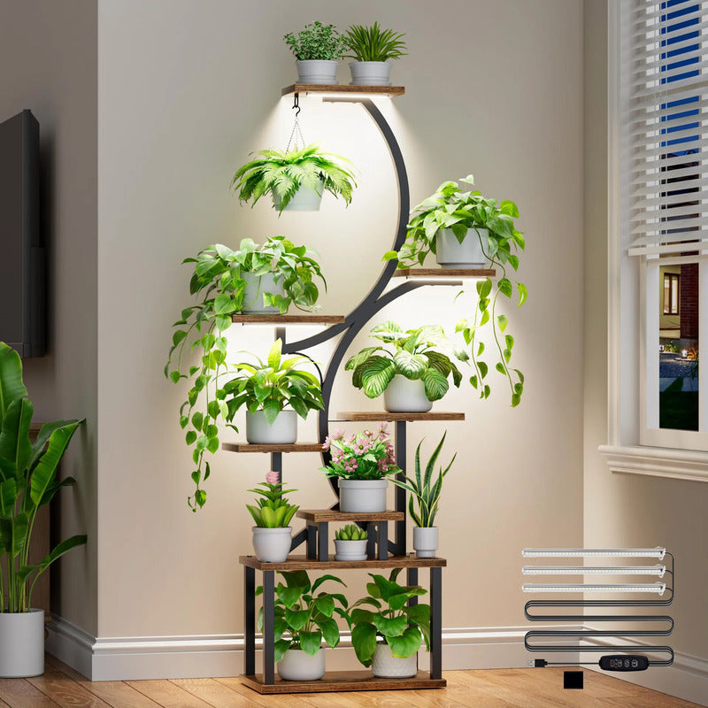 Soporte Para Plantas De Interior Con Luces De Cultivo 8 Nive Marrón Rústico + Negro
