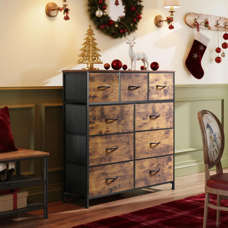 Cajonera De Tela 9 Cajones Torre Organizadora Para Dormitorio Estampado De Grano De Madera Marrón Rústico