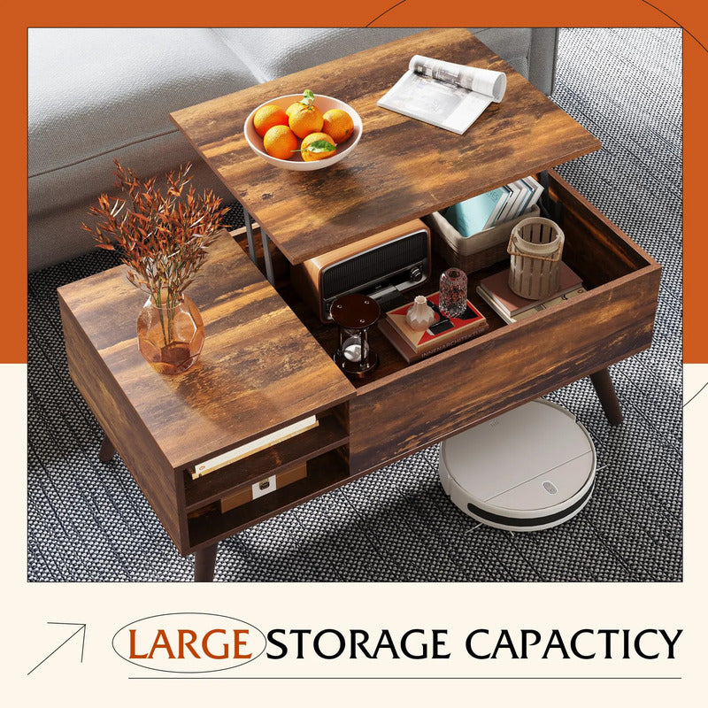 Mesa De Centro Elevable Moderna Con Almacenamiento Marrón Marrón Retro