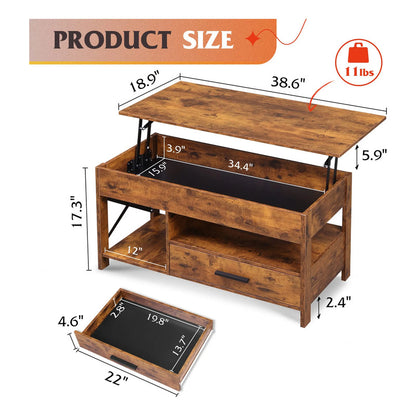 Mesa De Centro Elevable 99 Cm Marrón Rústico Con Almacenamie Marron Rustico