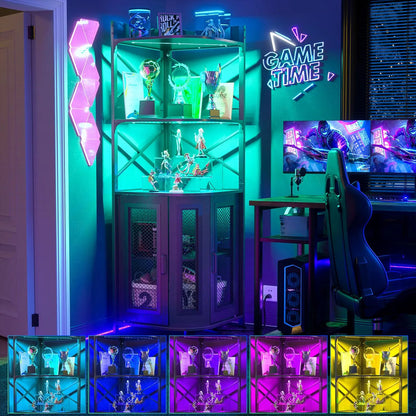 Gabinete Bar De Esquina Con Luz Led Y Carga Usb 5 Estantes Negro