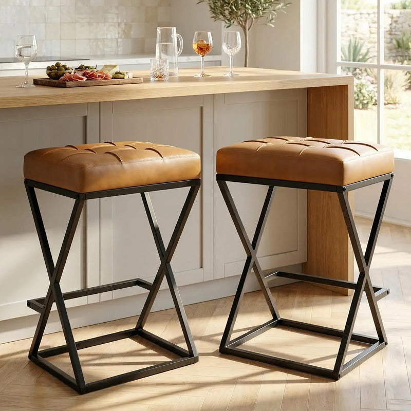 Juego De 2 Taburetes De Bar 66 Cm Con Asiento Tapizado Marrón Nogal