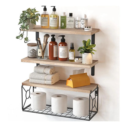 Estante Flotante De Madera Para Baño Cocina 3 Niveles Ahorro Madera Natural