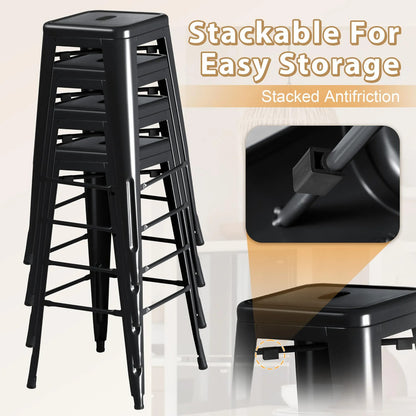 Juego De 4 Taburetes De Bar Metálicos Apilables Negros 76 Cm Negro Oscuro