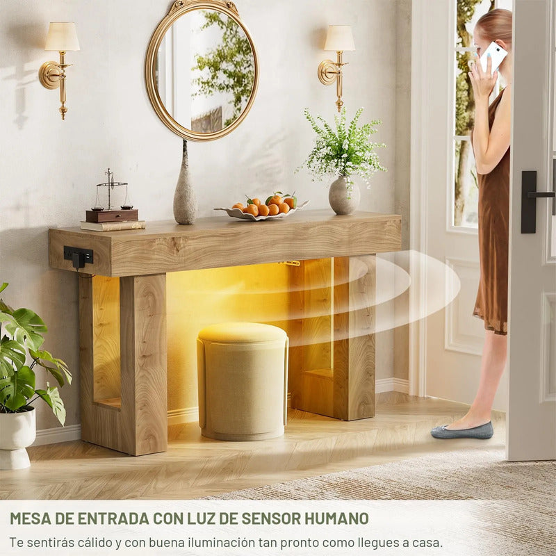 Mesa De Entrada De Roble Natural Con Enchufe Y Luz Sensor 12 Roble Natural