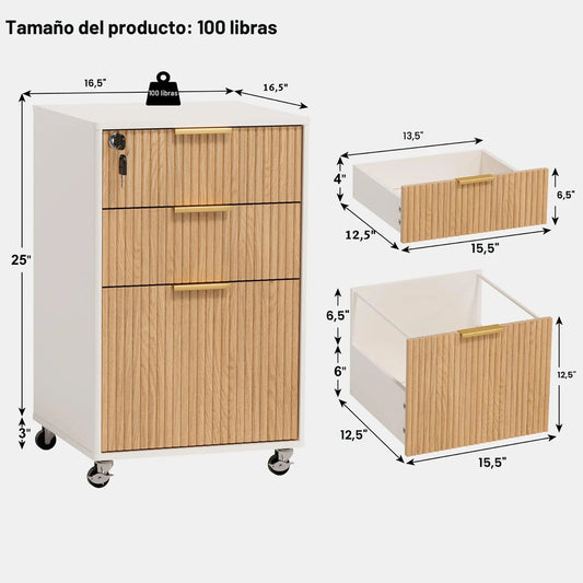 Archivador Móvil De Madera 3 Cajones Con Cerradura Oficina Roble