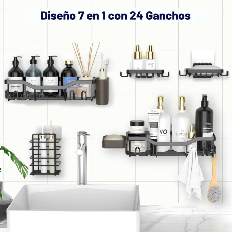 Organizador De Ducha Adhesivo 7 Piezas Acero Inoxidable Sin Negro