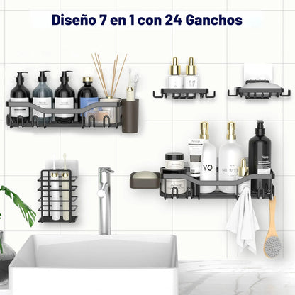 Organizador De Ducha Adhesivo 7 Piezas Acero Inoxidable Sin Negro